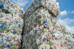 recogido comprimido y Listo para reciclaje el plastico mascota botellas foto