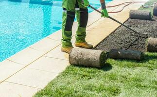 Finishing Outdoor Pool Surrounding by Installing New Grass photo