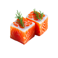 Salmon slices isolated on transparent background with clipping path, cubes of red fish with rosemary and peppercorns, ingredient for sushi or salad, generate ai png