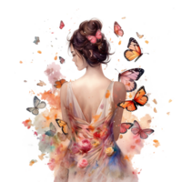 bellissimo guardare ragazza e farfalle nel stile di acquerello illustrazione, garofano fiori preparativi decorazione, abbondanza di farfalle, isolato su trasparente sfondo, creare ai png