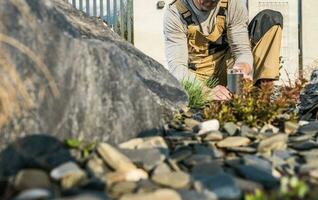 Landscaping Contractor Installing LED Outdoor Garden Lamp photo