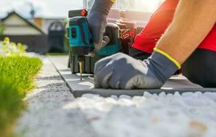 Professional Contractor Worker Building Composite Outdoor Patio Deck photo