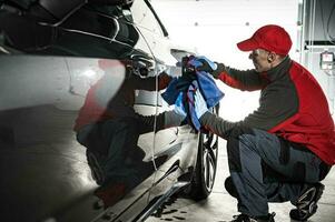 Professional Automotive Worker Cleaning Car Body Using Soft Cloth photo