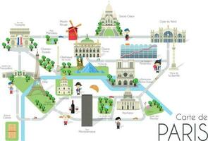 Cartoon vector map of the city of Paris, France. Travel illustration with landmarks and main attractions.