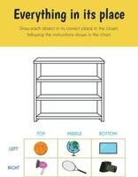 Everything in its place Educational Sheet. Primary module for Spacial Understanding. 5-6 years old. Educational Sheets Series vector