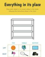 Everything in its place Educational Sheet. Primary module for Spacial Understanding. 5-6 years old. Educational Sheets Series vector