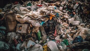 Unhygienic garbage heap pollutes environment, recycling symbol offers hope generated by AI photo