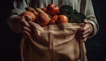 uno hombre participación un bolso de Fresco orgánico vegetales generado por ai foto