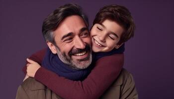 Father and son bonding, smiling with love and happiness generated by AI photo