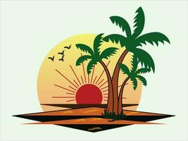 Summer season and sunset vector art design, tree sunset birt ocean sunny hot summer day vector.