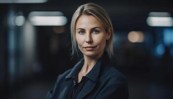 Confident young businesswoman standing in office, smiling at camera photo