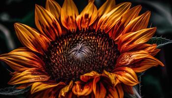 Vibrant sunflower petal, yellow and fresh, against black background photo