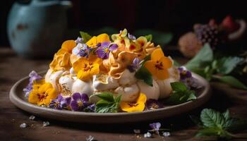 Fresh flower petals decorate homemade gourmet dessert on rustic table photo