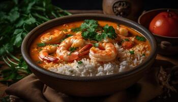 Healthy seafood meal with prawns, vegetables, and rice on crockery photo