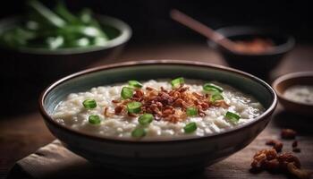 Freshly cooked healthy meal on rustic wooden table with rice photo