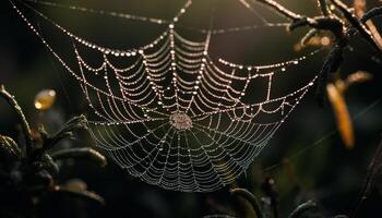 Spooky spider web traps dew drops in autumn forest meadow photo