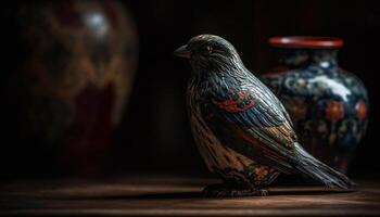 Feathered beak of small bird perched on rustic wooden branch photo