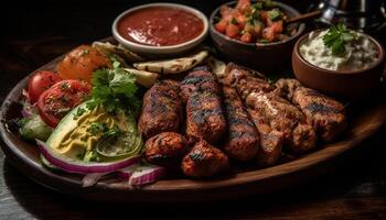 Grilled beef skewer with fresh tomato and vegetable appetizer generated by AI photo