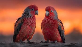 Vibrant macaws perching on branch, showcasing beauty in nature generated by AI photo