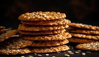 Homemade chocolate chip cookies, a sweet indulgence on rustic wood generated by AI photo