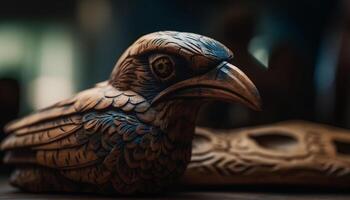 Antique animal figurine, crafted from wood, with intricate patterns generated by AI photo