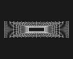 Cyber grid, retro punk perspective rectangular tunnel. Grid tunnel geometry on black background. Vector illustration.