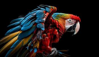 Vibrant macaw feathers showcase beauty in nature tropical rainforest generated by AI photo