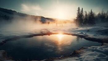 Tranquil scene of mountain range reflected in blue water generated by AI photo