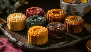 Autumn moon cake, a traditional Chinese dessert for festivals generated by AI photo