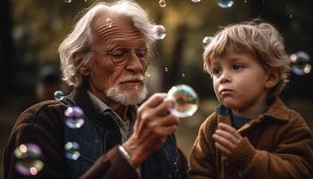 Three generations bonding outdoors, blowing bubbles and carefree smiling generated by AI photo