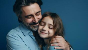 Smiling family embracing, looking at camera, love and togetherness generated by AI photo