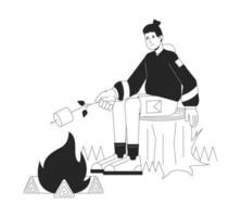 Making campfire marshmallow bw vector spot illustration. Young man roasting marshmallow on stick 2D cartoon flat line monochromatic character for web UI design. Editable isolated outline hero image