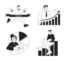 Success business person monochrome concept vector spot illustration set. Young entrepreneurs 2D flat bw cartoon characters for web UI design. Startup owner isolated editable hand drawn hero image pack