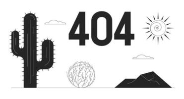 Desierto yermo con cactus negro blanco error 404 destello mensaje. planta rodadora en la carretera. monocromo vacío estado ui diseño. página no encontró surgir dibujos animados imagen. vector plano contorno ilustración concepto