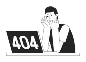 Laptop frustration black white error 404 flash message. Asian young student stressed. Monochrome empty state ui design. Page not found popup cartoon image. Vector flat outline illustration concept