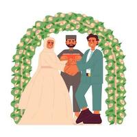 Nikah ceremony flat concept vector spot illustration. Young muslim couple making wedding vows in front of imam 2D cartoon characters on white for web UI design. Isolated editable creative hero image