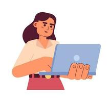 Young adult woman with laptop smiling semi flat colorful vector character. Female secretary working online. Editable half body person on white. Simple cartoon spot illustration for web graphic design