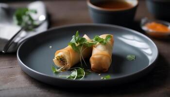 Freshly cooked Chinese spring rolls on wooden plate, ready to eat generated by AI photo