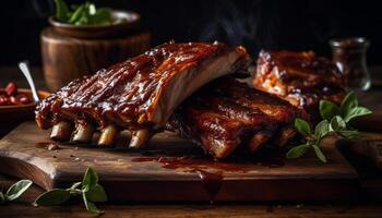 Grilled pork ribs with savory barbecue sauce, ready to eat freshness generated by AI photo