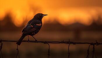 Silhouette of bird perching on branch at dusk, back lit generated by AI photo