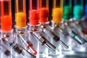 A row of colorful tubes with different colored lids are lined up in a dark room photo