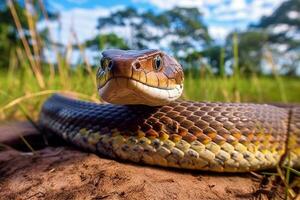 un serpiente en un rock con el Dom brillante en eso ai generativo foto