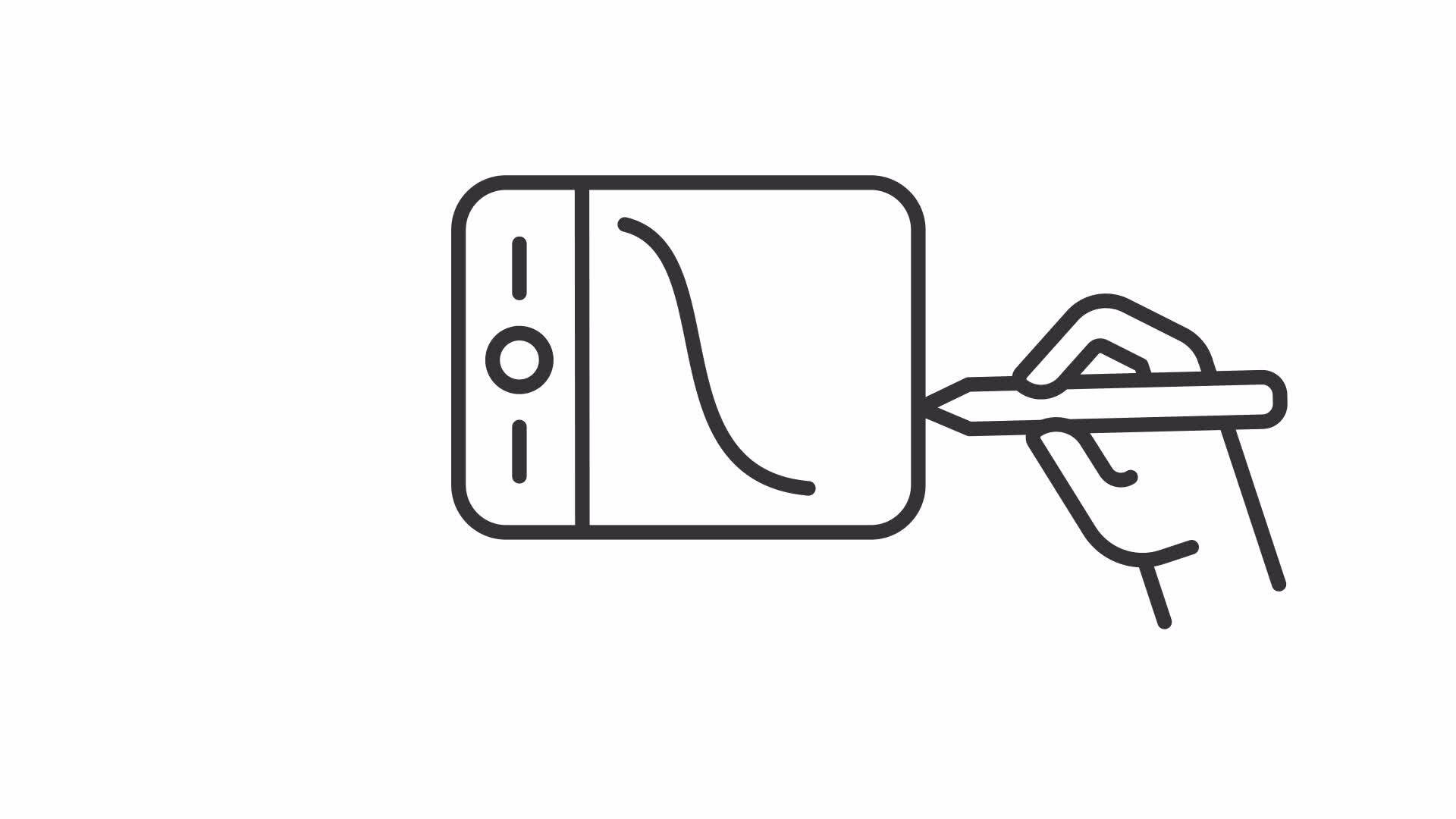Animated drawing pad line icon. Hand holding stylus and drawing line