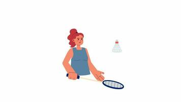animiert Sport Frau mit Schläger. weiblich Spieler auf Badminton Ausbildung isoliert 2d Animation. Karikatur eben Charakter 4k Video Filmaufnahme, Weiß Hintergrund, Alpha Kanal Transparenz zum Netz Design
