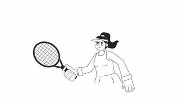 Animated bw tennis player ball. Young hispanic woman playing tennis isolated 2D animation. Cartoon monochrome thin line character 4K video footage, alpha channel transparency for web design
