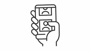 Scroll social media icon animation. Animated line hand holding smartphone. Digital network. Phone contacts. Loop HD video with alpha channel, transparent background. Outline motion graphic
