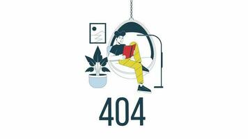 lettura libro 404 errore animazione. asiatico ragazza nel malacca oscillazione. vuoto stato 4k video concetto metraggio con alfa canale trasparenza. schema colore pagina non trovato veloce Messaggio per ui, UX ragnatela design