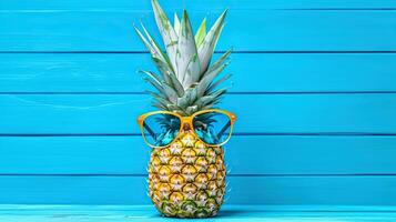 pineapple in sunglasses on wooden background. photo