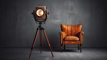 Vintage armchair in loft with tripod lamp. photo