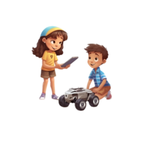 Garoto e menina controlo remoto ao controle carro desenho animado clipart ai gerado png